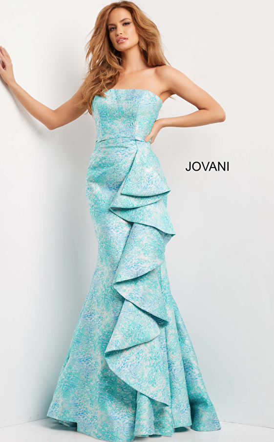 Jovani 08093 Blue Multi Ruffle Skirt Wrap Evening Gown